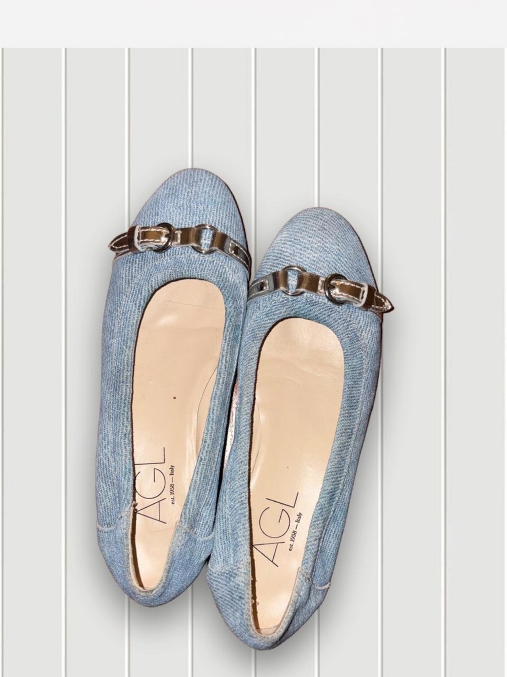 Agl Light Blue Denim Ballet Flats with Silver Buckle